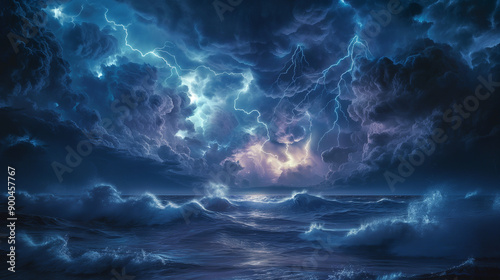 A tempestuous ocean with turbulent waves is at the forefront, with the sea spray rising and crashing against the shore. Above the ocean, a tumultuous sky unfolds, dominated by dark, ominous clouds