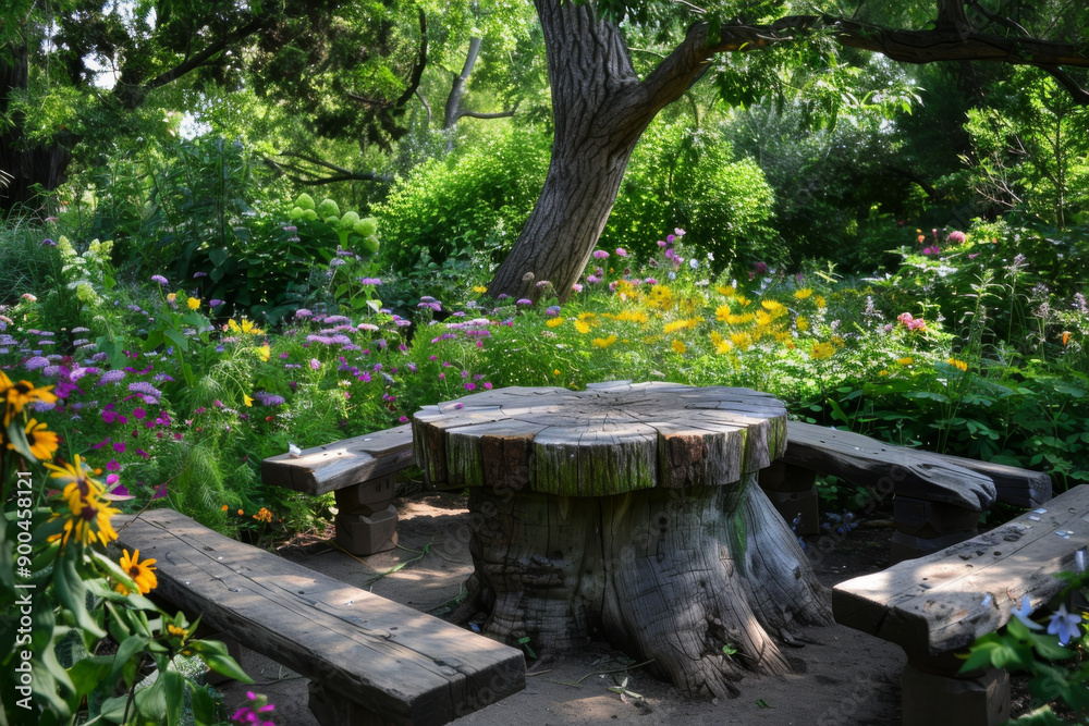 Rustic Wooden Picnic Table in a Lush Garden Rustic Wooden Picnic Table in a Lush Garden