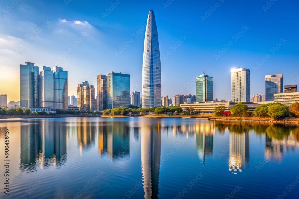 Obraz premium Stunning vista of downtown Seoul featuring a modern skyscraper by the lake against a clear blue sky. Seoul, a prominent tourist destination in Asia.