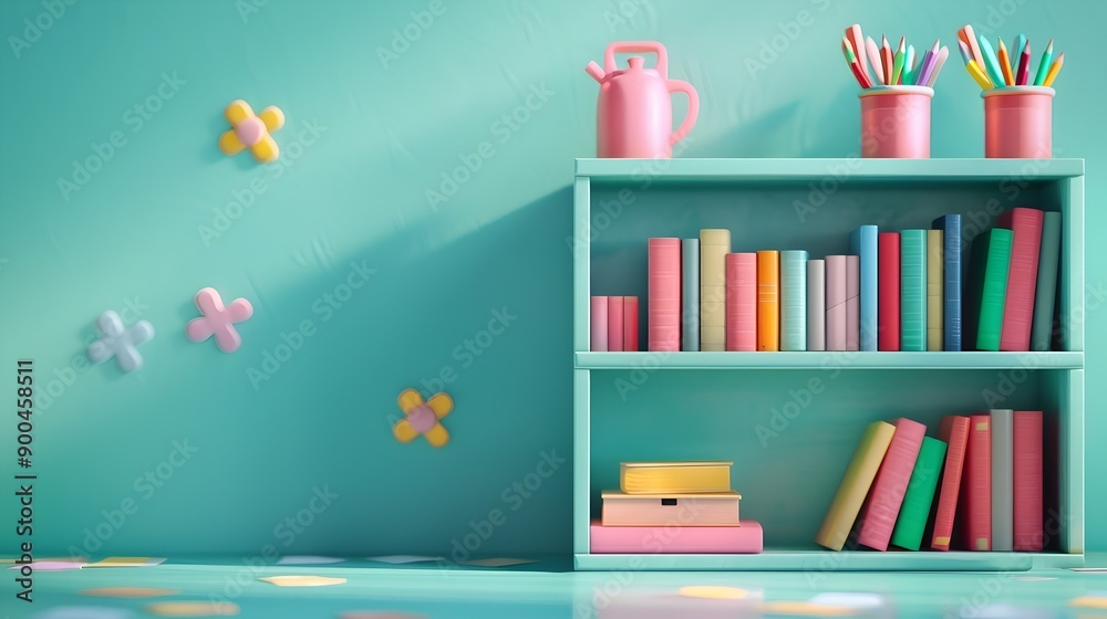 Vibrant Classroom Bookshelf with Organized School Supplies and Reading Materials