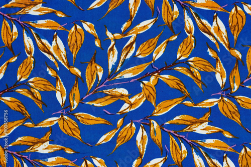 Fragment of colorful retro tapestry textile pattern with leaves ornament useful as background. Floral textile or cloth, macro shot. Fabric texture. tissue, textile, cloth, material, woven