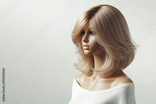 Beautiful wig on female mannequin. Space for text.