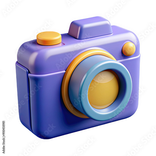 a purple camera with a yellow lens