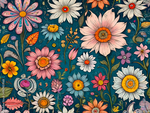 Wallpaper Mural Colorful flower meadow vintage floral pattern, girly flowers on blue background aesthetic illustration Torontodigital.ca