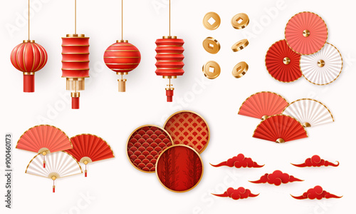 Realistic vector set of Chinese decoration design elements. Collection of Chinese New Year 3D icons.