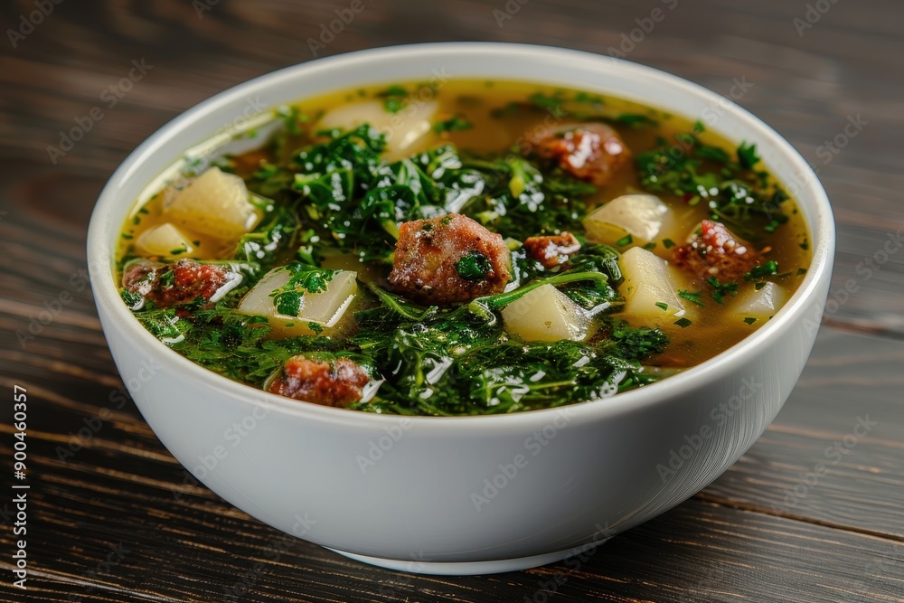 A bowl of caldo verde, a hearty green soup made with collard greens, potatoes, and chorizo, garnished with olive oil. A bowl of caldo verde, a hearty green soup made with collard greens, potatoes, and chorizo, garnished with olive oil.