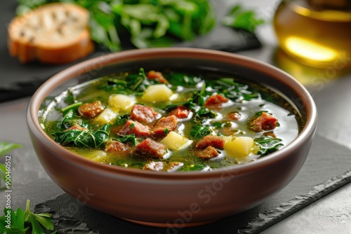 A bowl of caldo verde, a hearty green soup made with collard greens, potatoes, and chorizo, garnished with olive oil.