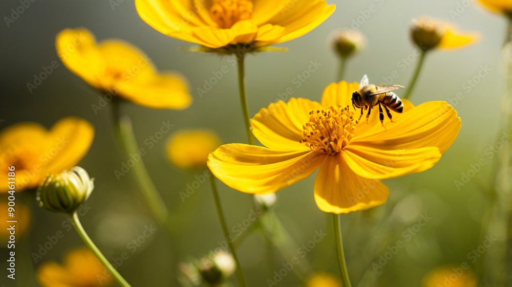 Vibrant Yellow Cosmos and Bee Against White Background Vibrant Yellow Cosmos and Bee Against White Background