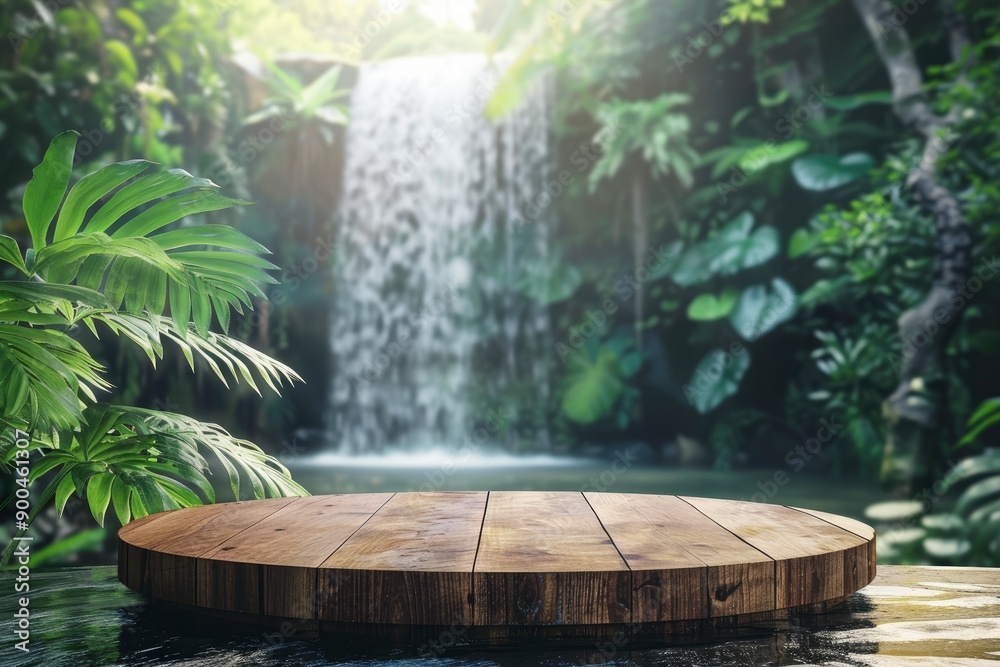 Wood table top podium floor in outdoor waterfall green tropical forest nature background.Natural water product present placement pedestal counter display, with generative ai