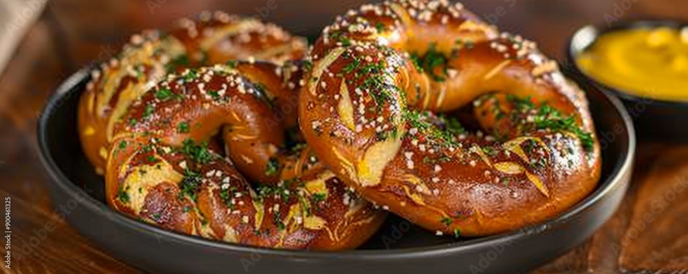 Plate of savory pretzels served with tangy mustard and creamy cheese. Plate of savory pretzels served with tangy mustard and creamy cheese.