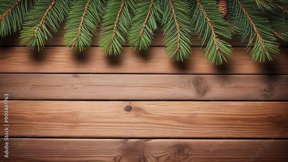 Pine Branches on a Wooden Background