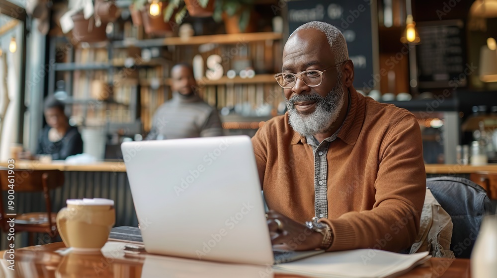 A middle aged African American man using a laptop in a coffee shop. A middle aged African American man using a laptop in a coffee shop.
