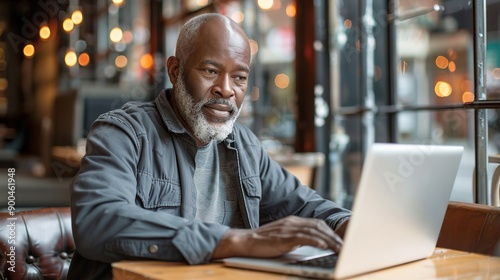 African american man in his 50s working on laptop in the cafe