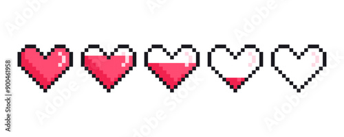 Pixel hearts game life bar. Game progress bars, life level, 8-bit indicators of health, life level charts measurement. Vector art 8 bit health heart bar.