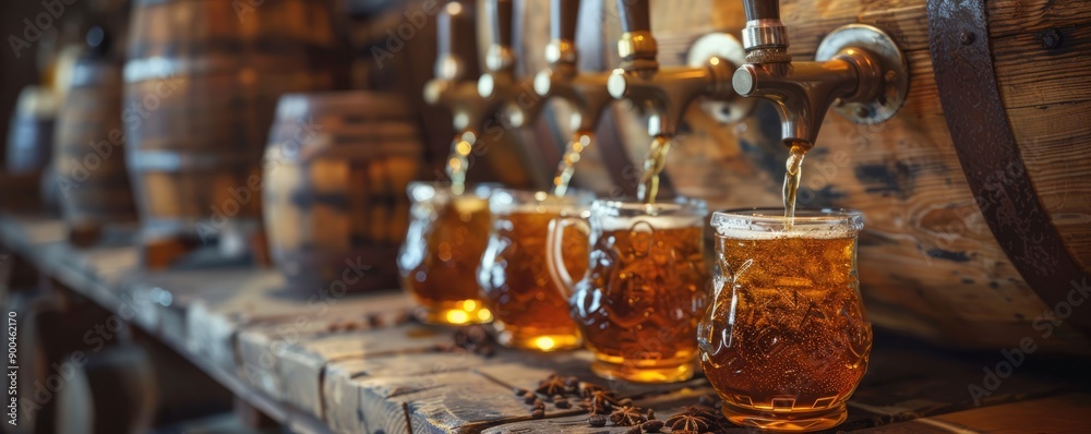 Wooden barrel with a tap pouring amber liquid into awaiting mugs. Wooden barrel with a tap pouring amber liquid into awaiting mugs.