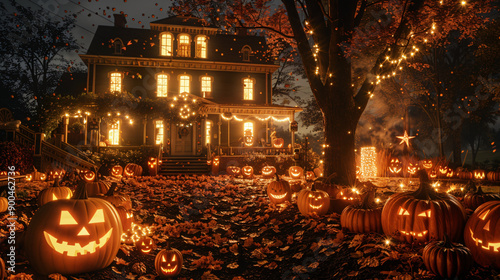 Haunted house decorated for a halloween party with glowing pumpkins in the front yard at night