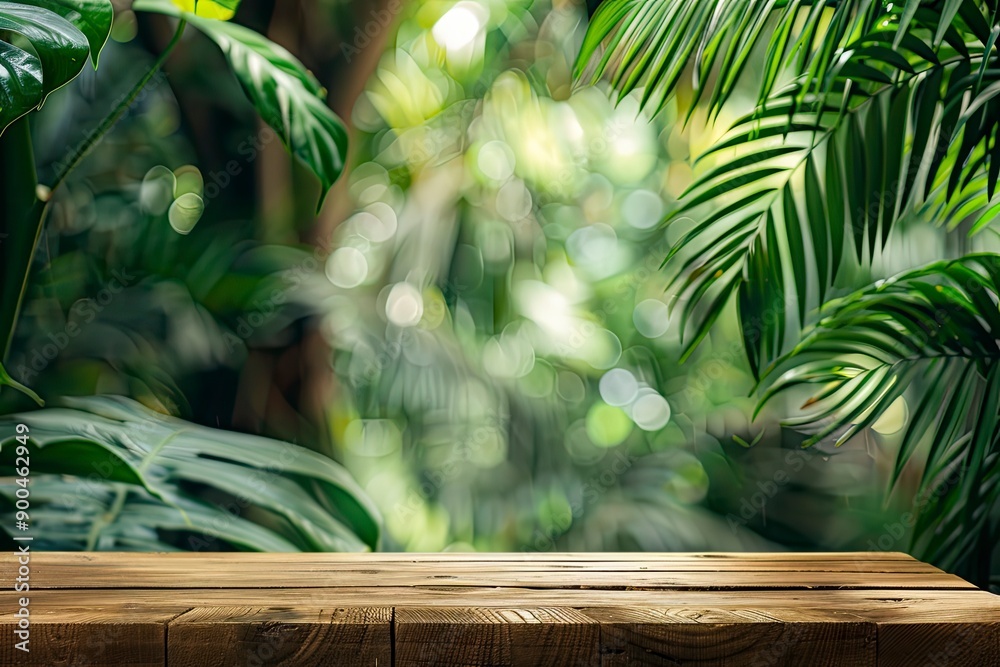 Obraz premium Wood tabletop podium floor in outdoors tropical garden forest blurred green leaf plant nature background.Natural product placement pedestal stand display,jungle paradise concept with generative ai