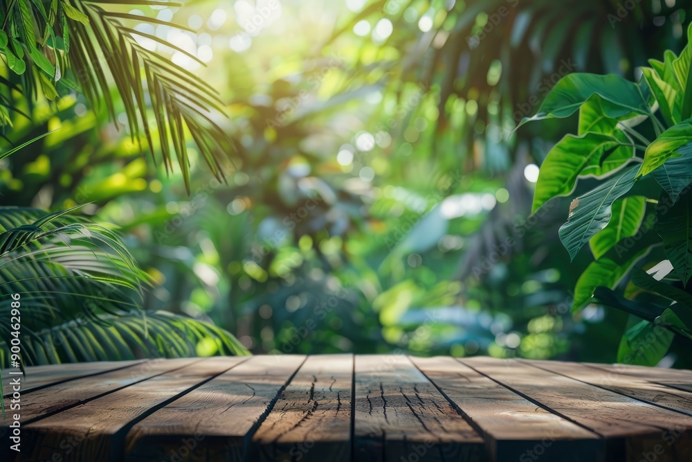 Wood tabletop podium floor in outdoors tropical garden forest blurred green leaf plant nature background.Natural product placement pedestal stand display,jungle paradise concept with generative ai Wood tabletop podium floor in outdoors tropical garden forest blurred green leaf plant nature background.Natural product placement pedestal stand display,jungle paradise concept with generative ai