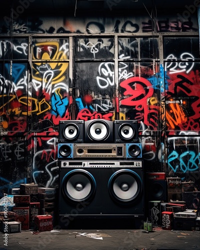 Background graffiti on the wall with speakers