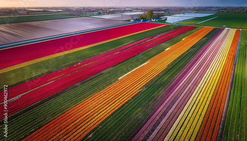 Aerial View of Colorful Tulip Fields at Sunset.