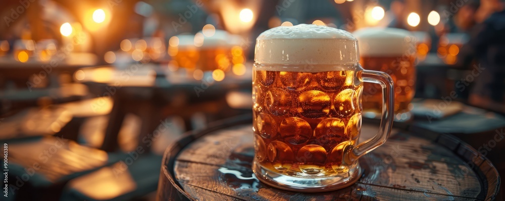 Wooden barrel with beer tap dispensing amber liquid into steins amidst Oktoberfest revelry. Wooden barrel with beer tap dispensing amber liquid into steins amidst Oktoberfest revelry.