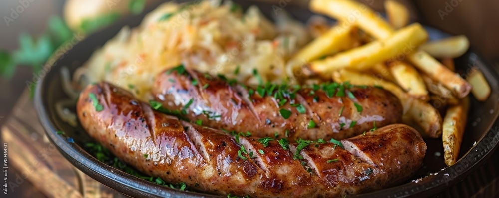 Plate of hearty sausages served with tangy sauerkraut and crispy fries. Plate of hearty sausages served with tangy sauerkraut and crispy fries.