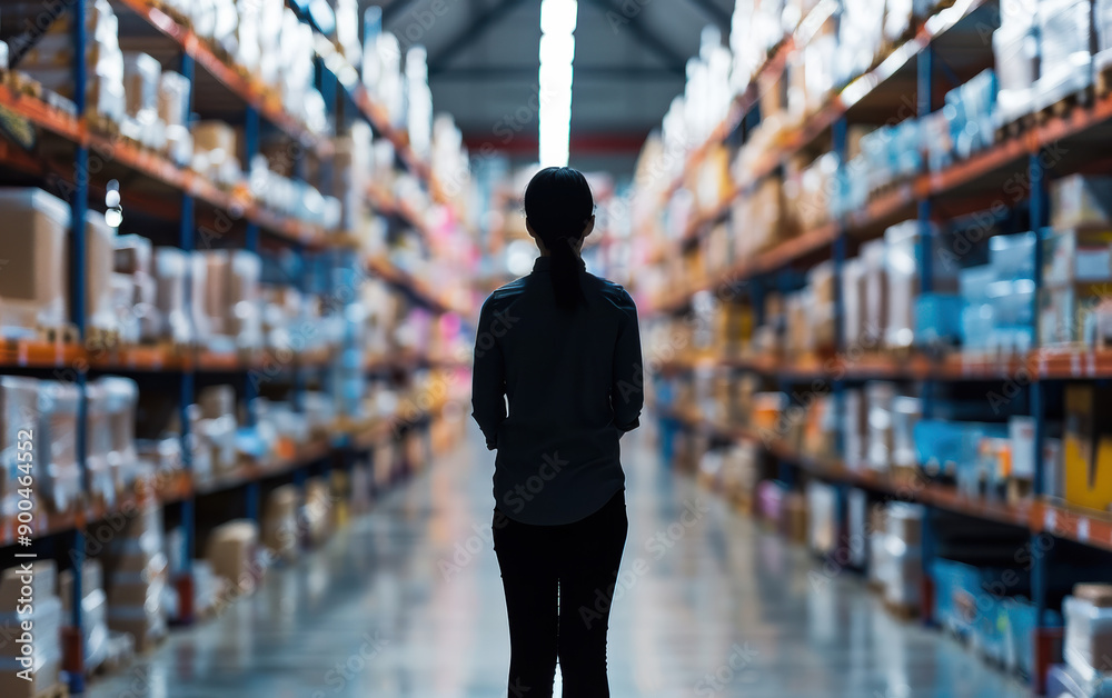 Silhouette of a person standing in a warehouse aisle, surrounded by shelves stacked with boxes and packages, creating a sense of scale and order. Silhouette of a person standing in a warehouse aisle, surrounded by shelves stacked with boxes and packages, creating a sense of scale and order.