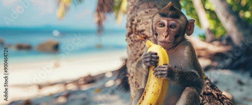 Funny monkey sitting on a tree and eat banana close up. Monkey witn banana on the beach.