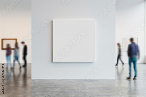 Modern art gallery with abstract artworks on white walls and blurred visitors walking by, showcasing a minimalistic and contemporary exhibition space.