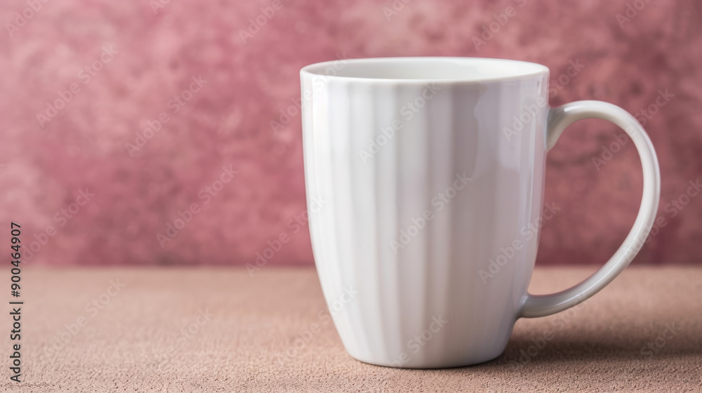 A white ceramic mug with a textured vertical design, placed on a textured brown surface with a pink background. Perfect for coffee, tea, or other beverages.