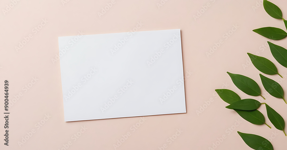 A blank white card rests on a pink background, adorned with green leaves on the side, perfect for invitations, announcements, or greetings. A blank white card rests on a pink background, adorned with green leaves on the side, perfect for invitations, announcements, or greetings.