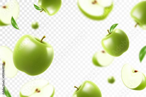 Flying green juicy apples. Bright advertising background falling green apples, realistic illustration with blurred effect. 3d vector design for advertising banners and web page design