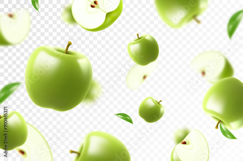 Flying green juicy apples. Bright advertising background falling green apples, realistic illustration with blurred effect. 3d vector design for advertising banners and web page design