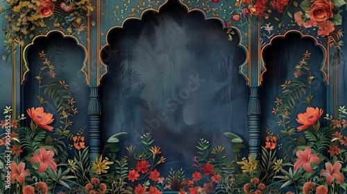 Traditional Jaipur architecture, Traditional Mughal pastel arch and flower, Mughal floral traditional ornament with arch and motif borders.