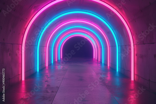 A vibrant, neon-lit tunnel with colorful pink and blue arches, creating a futuristic, glowing ambiance. Perfect for tech or modern art themes. © tonstock