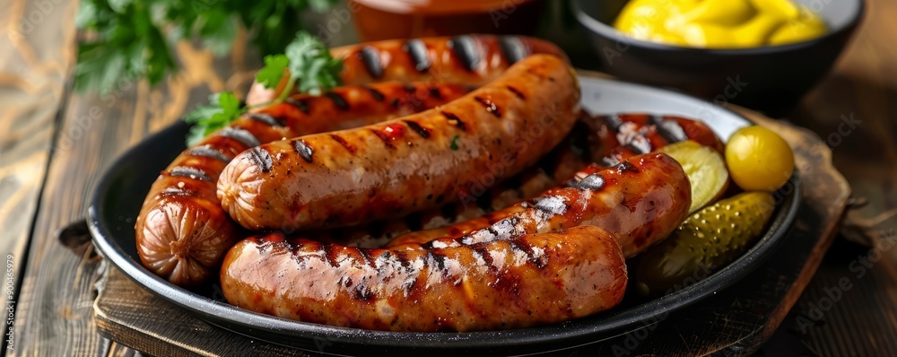 Plate of grilled sausages accompanied by pickles and mustard on a wooden table.