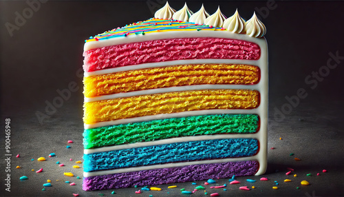 Colorful Rainbow Layer Cake Slice.