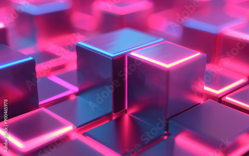 Vibrant of glowing neon cubes with reflective surfaces and soft focus background. Perfect for tech, digital art, and futuristic themes.