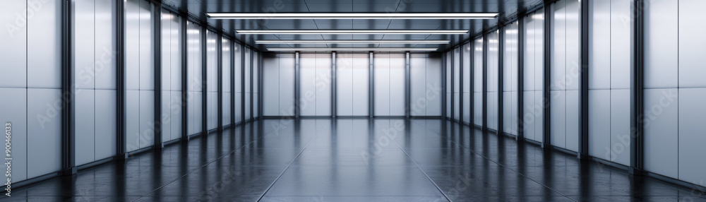 Modern, empty corridor with sleek metal and glass design, illuminated by bright lights creating a futuristic and minimalist atmosphere. Modern, empty corridor with sleek metal and glass design, illuminated by bright lights creating a futuristic and minimalist atmosphere.