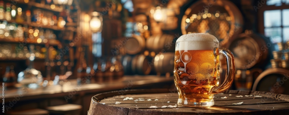 Wooden barrel with a brass tap dispensing beer into awaiting steins. Wooden barrel with a brass tap dispensing beer into awaiting steins.