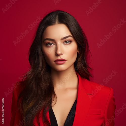A confident young woman with long dark hair poses against a red background, wearing a red blazer and bold red lipstick.