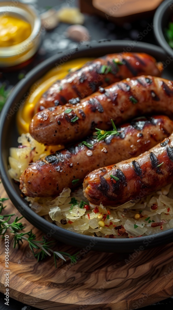Plate of delicious grilled sausages served with mustard and sauerkraut. Plate of delicious grilled sausages served with mustard and sauerkraut.