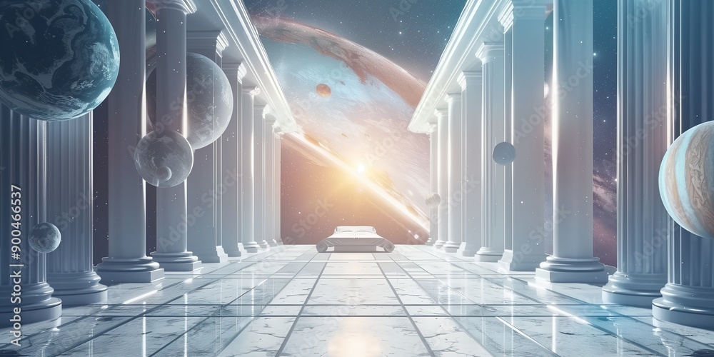 White marble pillars form an entrance to the universe, planets and stars in space fly by behind them White marble pillars form an entrance to the universe, planets and stars in space fly by behind them