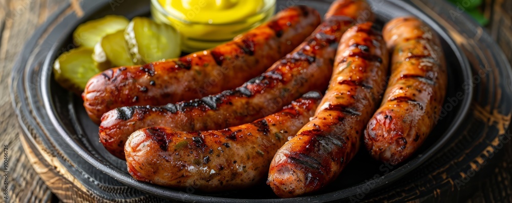 Plate of grilled sausages served with pickles and mustard on a wooden table. Plate of grilled sausages served with pickles and mustard on a wooden table.