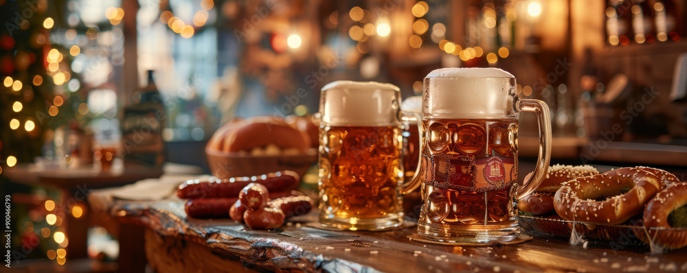Rustic table adorned with beer steins, pretzels, and sausages under decorations. Rustic table adorned with beer steins, pretzels, and sausages under decorations.