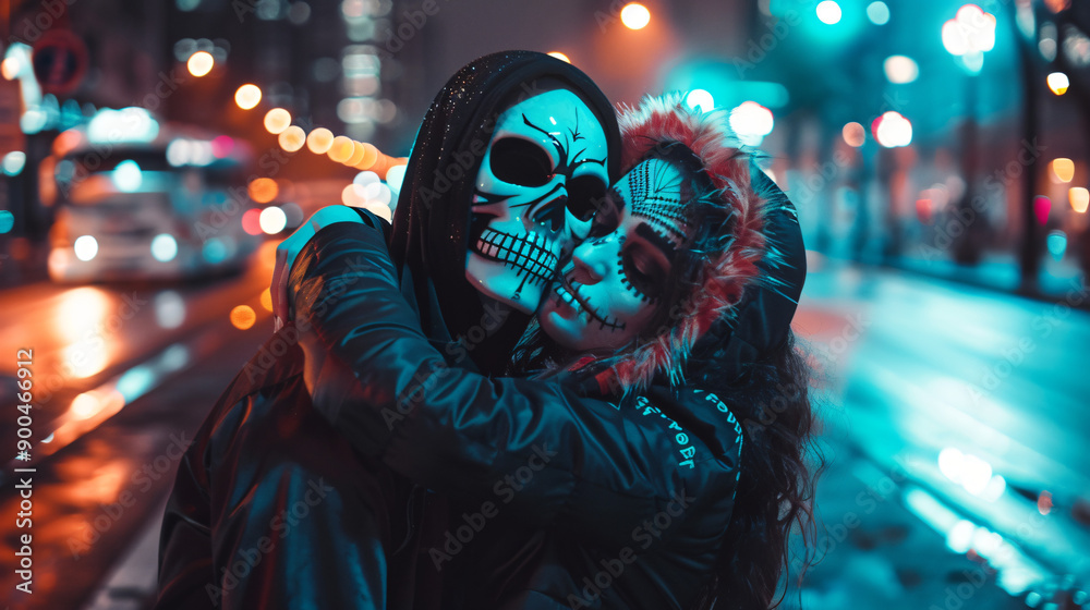 Obraz premium Pair in skull makeup and costumes embraces on a city street after dark