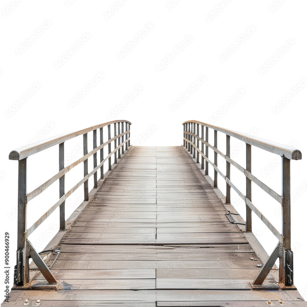 Front View of Wooden Floating Bridge With Railings on Isolated Background. Front View of Wooden Floating Bridge With Railings on Isolated Background.