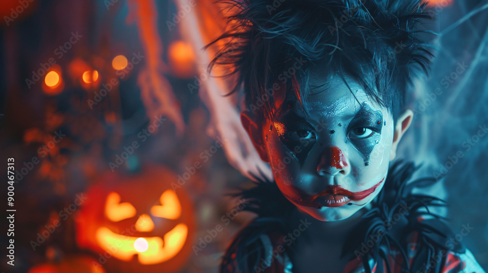 Obraz premium Boy wearing scary clown makeup is posing during an halloween party