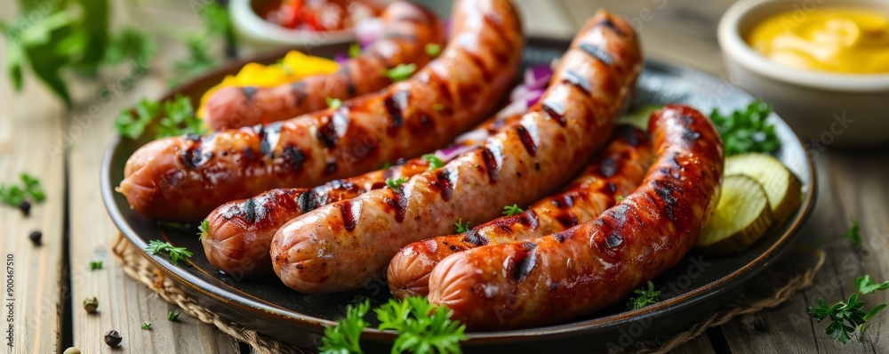 Plate of grilled sausages served with pickles and mustard on a wooden table. Plate of grilled sausages served with pickles and mustard on a wooden table.