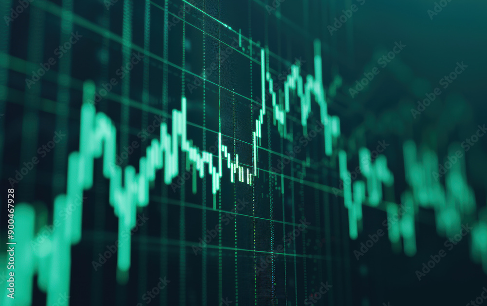 Close-up of a digital financial chart with green lines and bars displaying stock market trends and data analysis. Perfect for business and finance themes. Close-up of a digital financial chart with green lines and bars displaying stock market trends and data analysis. Perfect for business and finance themes.